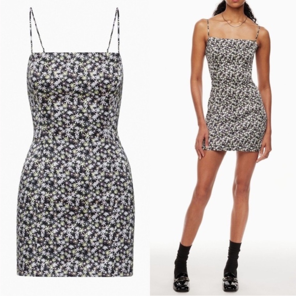 NWT Aritzia Sunday Best ‘Shimmer’ Satin Dress in Black/Lilac Bloom Floral.